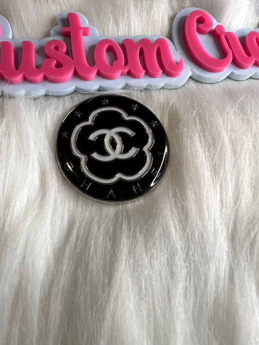 Round Black Silver White CC Brooch