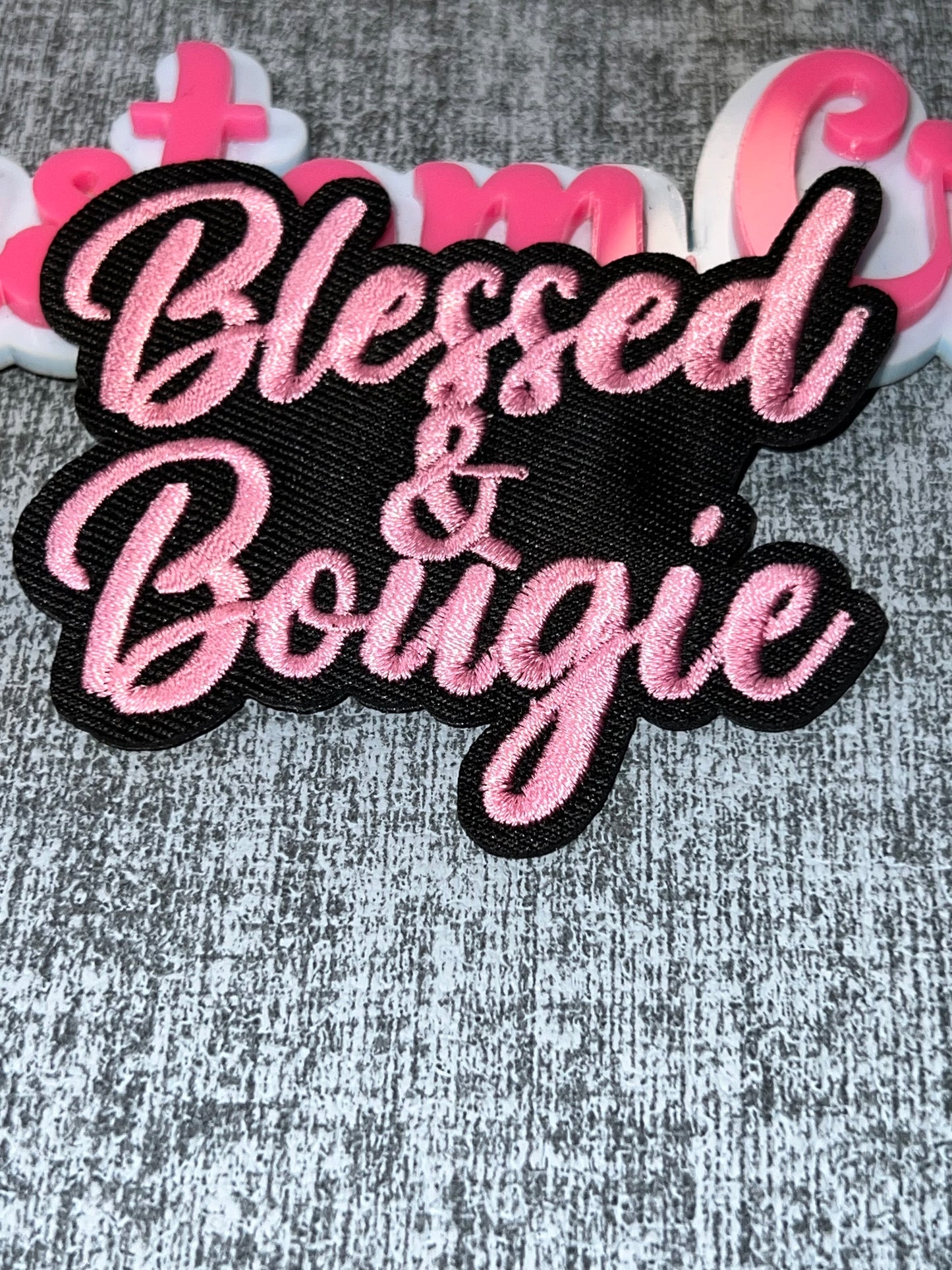 Pink & Black Blessed & Bougie Iron-On Patch – Script Statement Patch for DIY Crafts