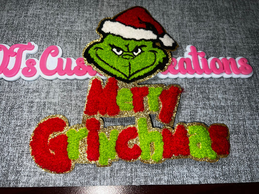 Merry Holiday Lettering Green Santa Face Patch – Chenille Glitter Iron-On Applique