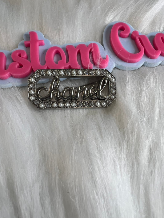 Silver Rhinestone Pearl CC Brooch