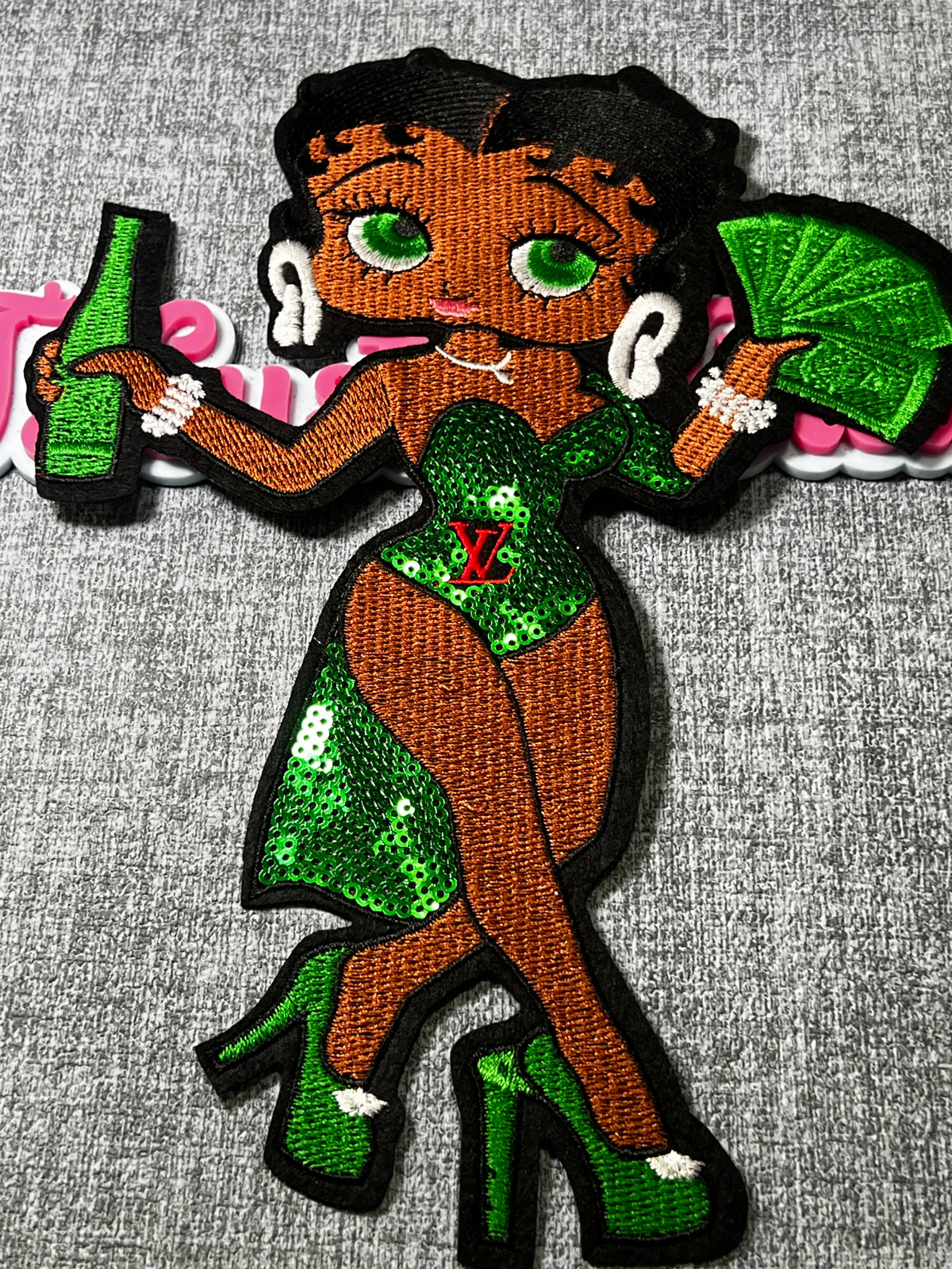 Green Glam Fashion Character Money Patch – Sequin Embroidered Iron On Applique