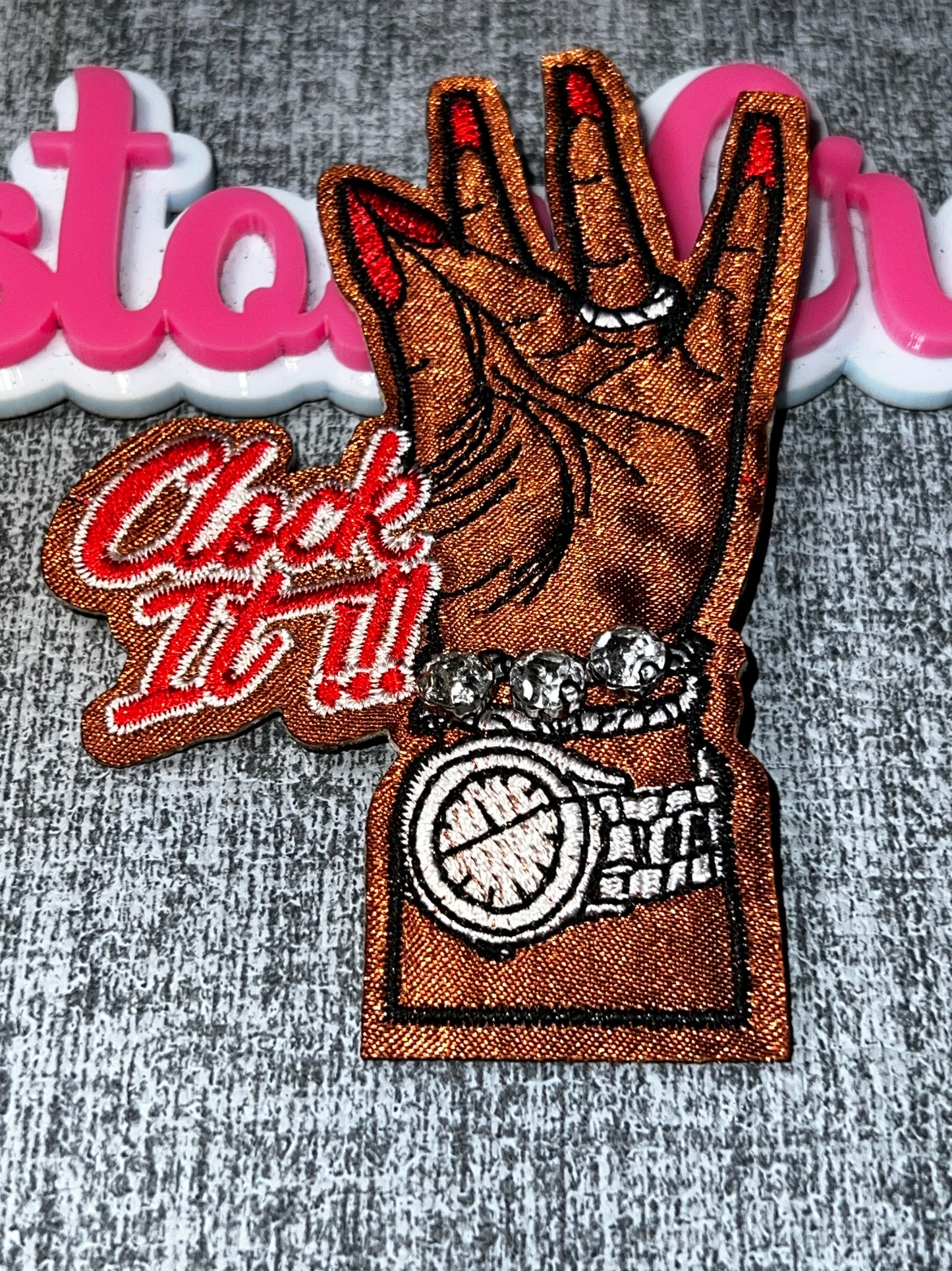 Clock It Hand Patch – Red Nails Rhinestone Watch Embroidered Iron On Patch – Brown Skin Tone Applique – Approx. 4 Inch