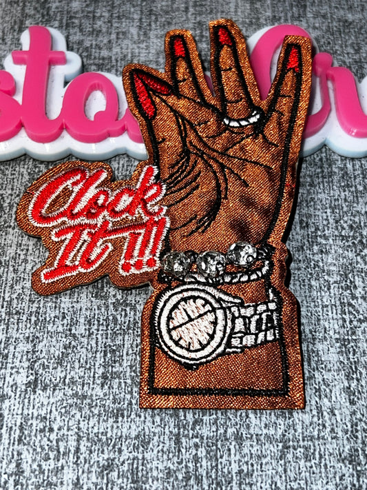 Clock It Hand Patch – Red Nails Rhinestone Watch Embroidered Iron On Patch – Brown Skin Tone Applique – Approx. 4 Inch