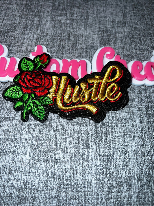 Luxe Hustle Rose Embroidered Patch – Gold Script Floral Iron On Patch, Statement Jacket Patch, DIY Applique