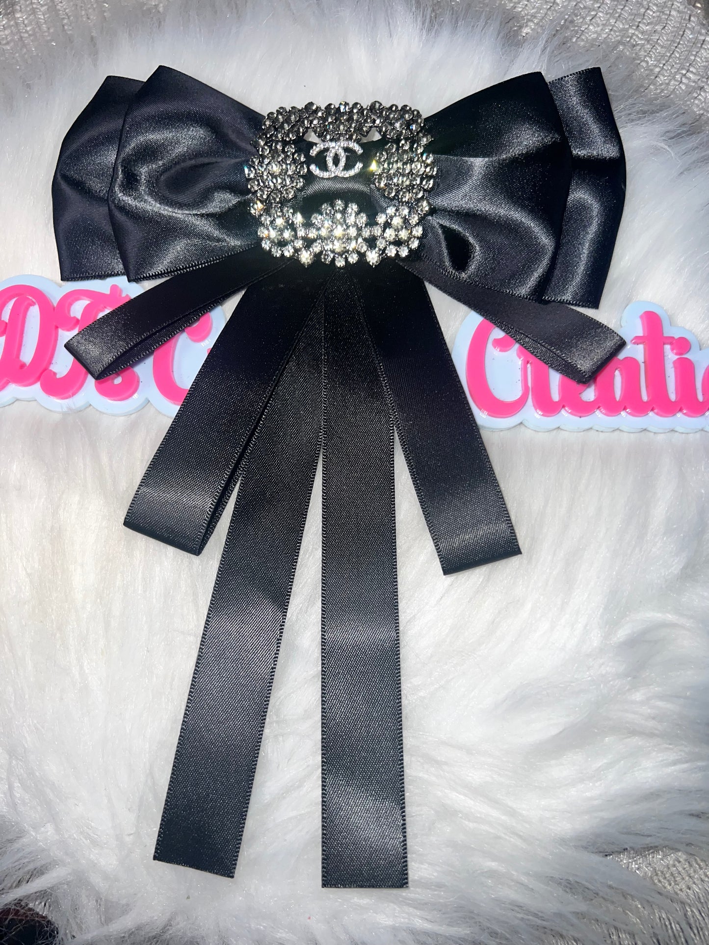 Black Satin Rhinestone Statement Bow Brooch