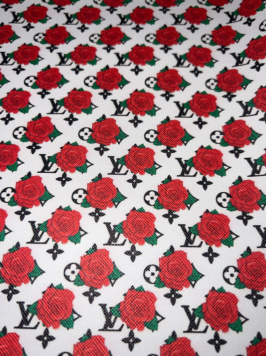 White & Red Rose Monogram Style Faux Leather Sheet – 9x12