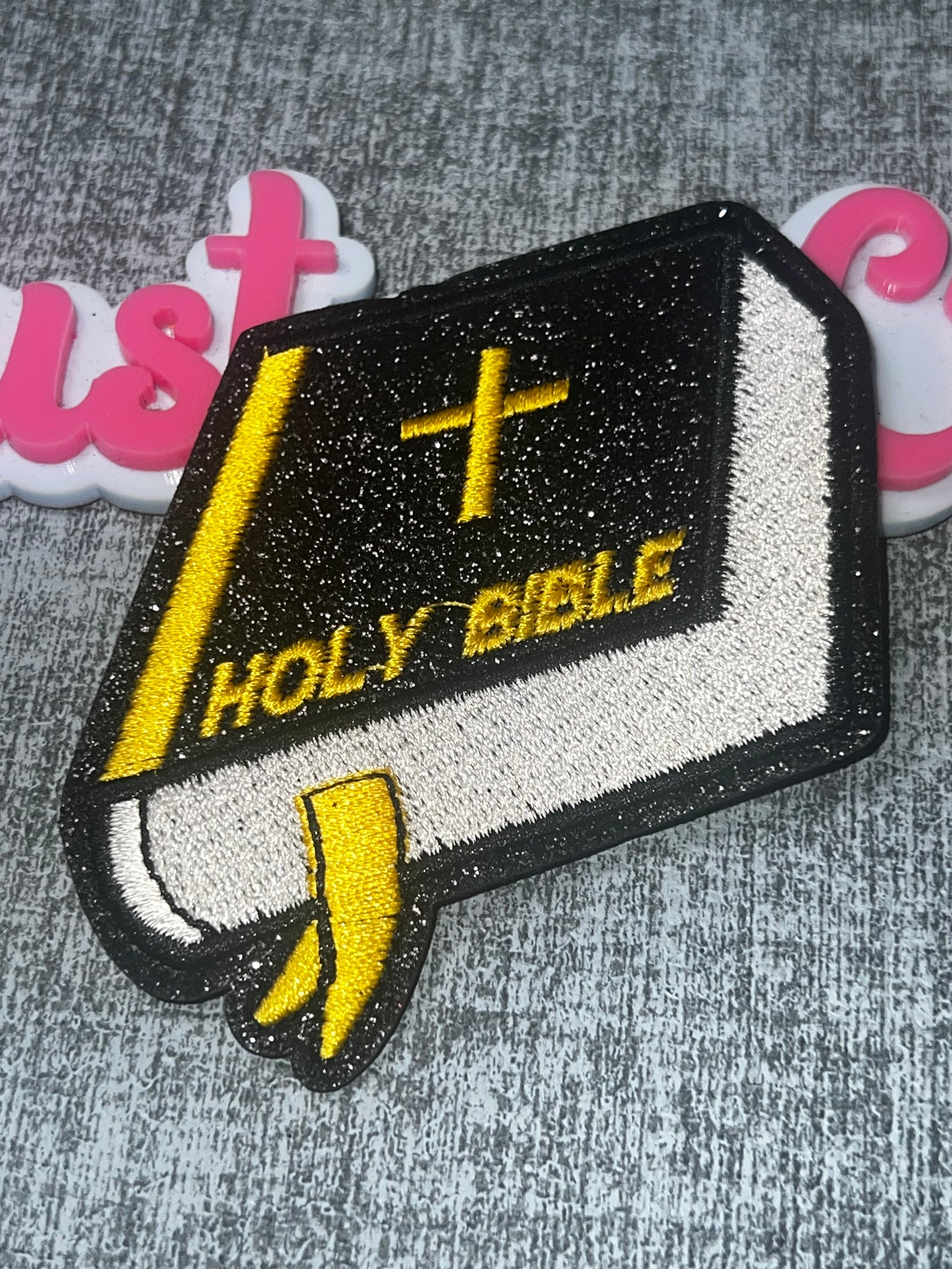 Holy Bible Patch Black Gold – Embroidered Book Patch Faith Applique Iron On