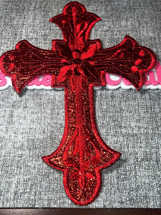 Red Glitter Floral Cross Patch – Embroidered Iron On Applique