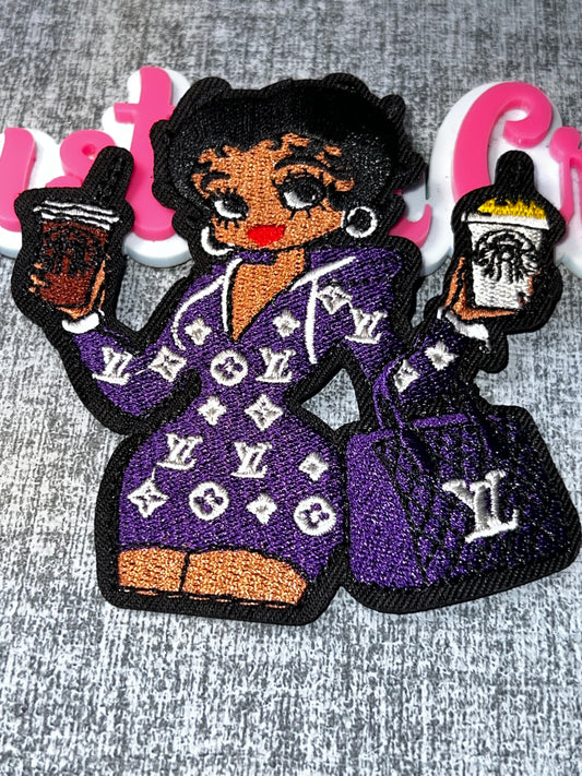 Glam Coffee Fashion Girl Embroidered Patch – Purple Statement Iron On Applique – Approx. 5 Inches