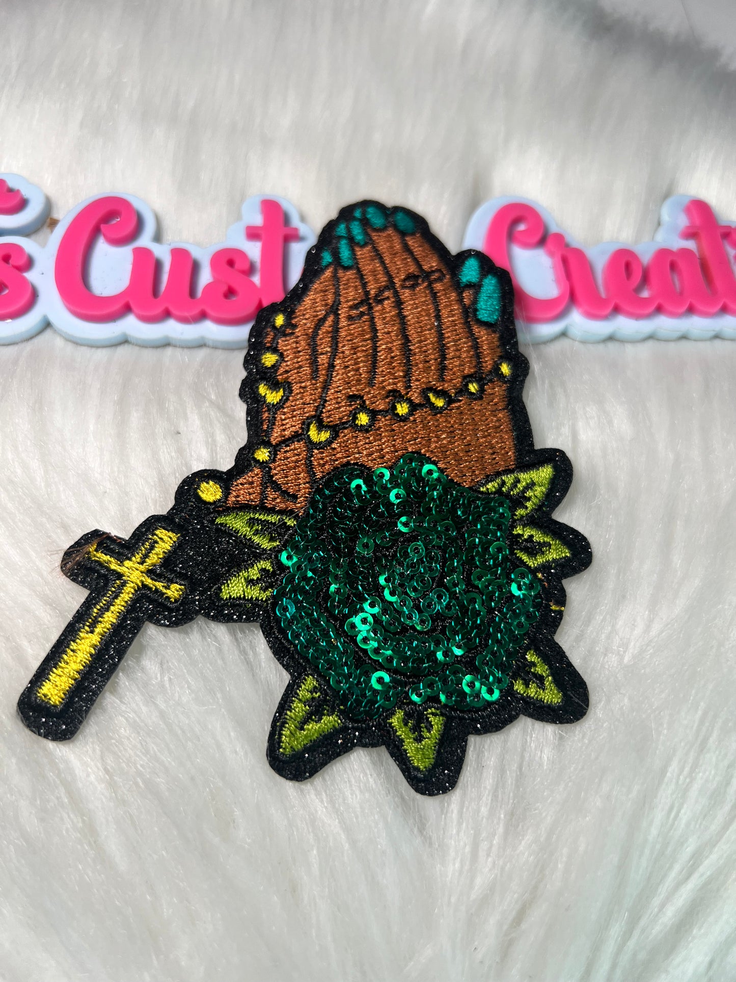 Green Sequin Rose Prayer Hands