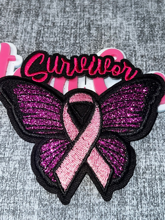 Pink & Purple “Survivor” Butterfly Ribbon Glitter Embroidered Patch – Awareness Applique