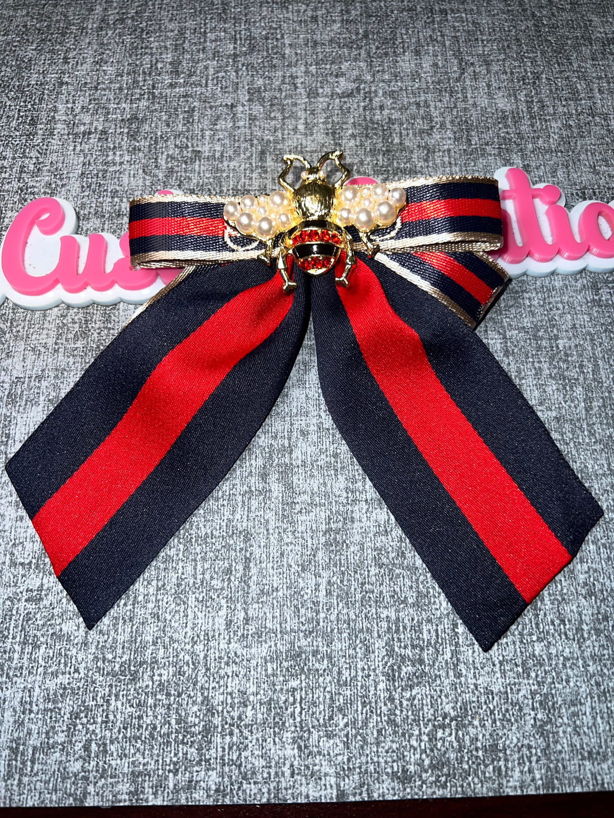 Navy Red Striped Pearl Bee Bow Brooch – Statement Fashion Pin