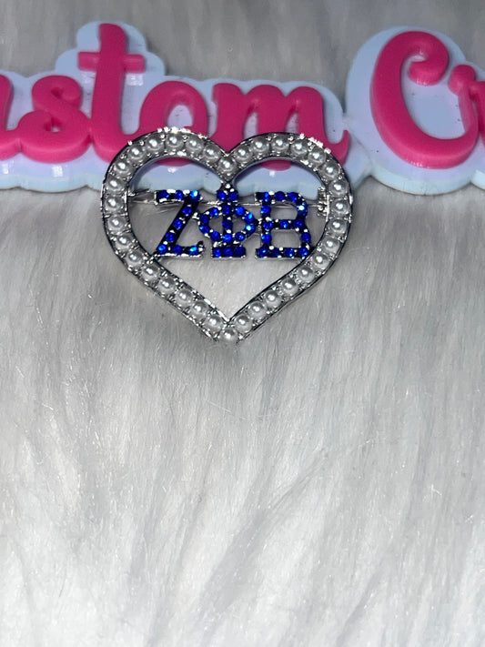 💎 ZΦB Zeta Pearl Heart Rhinestone Pin Brooch (Blue & Silver
