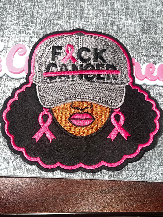 F*ck Cancer Gray Hat Woman Breast Cancer Awareness Patch – Embroidered Iron On Appliqué Medium
