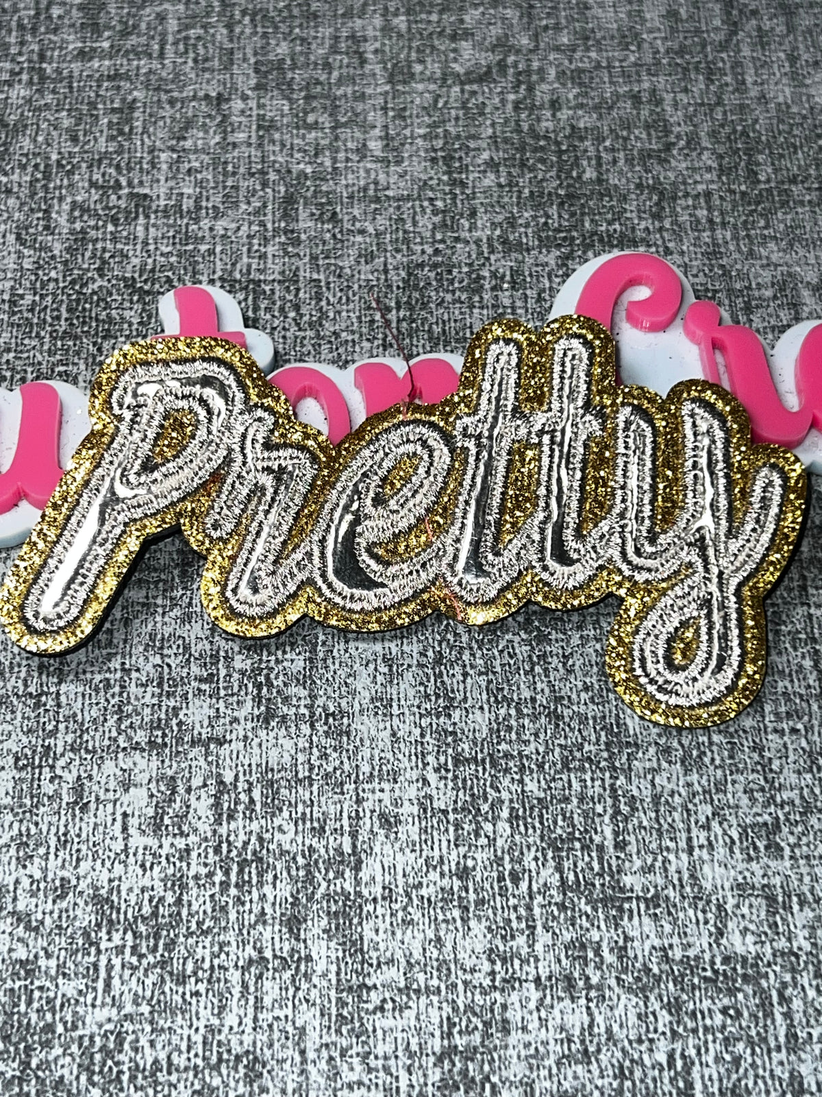 Pretty” Gold Silver Script Patch – Glitter Embroidered Iron On Applique