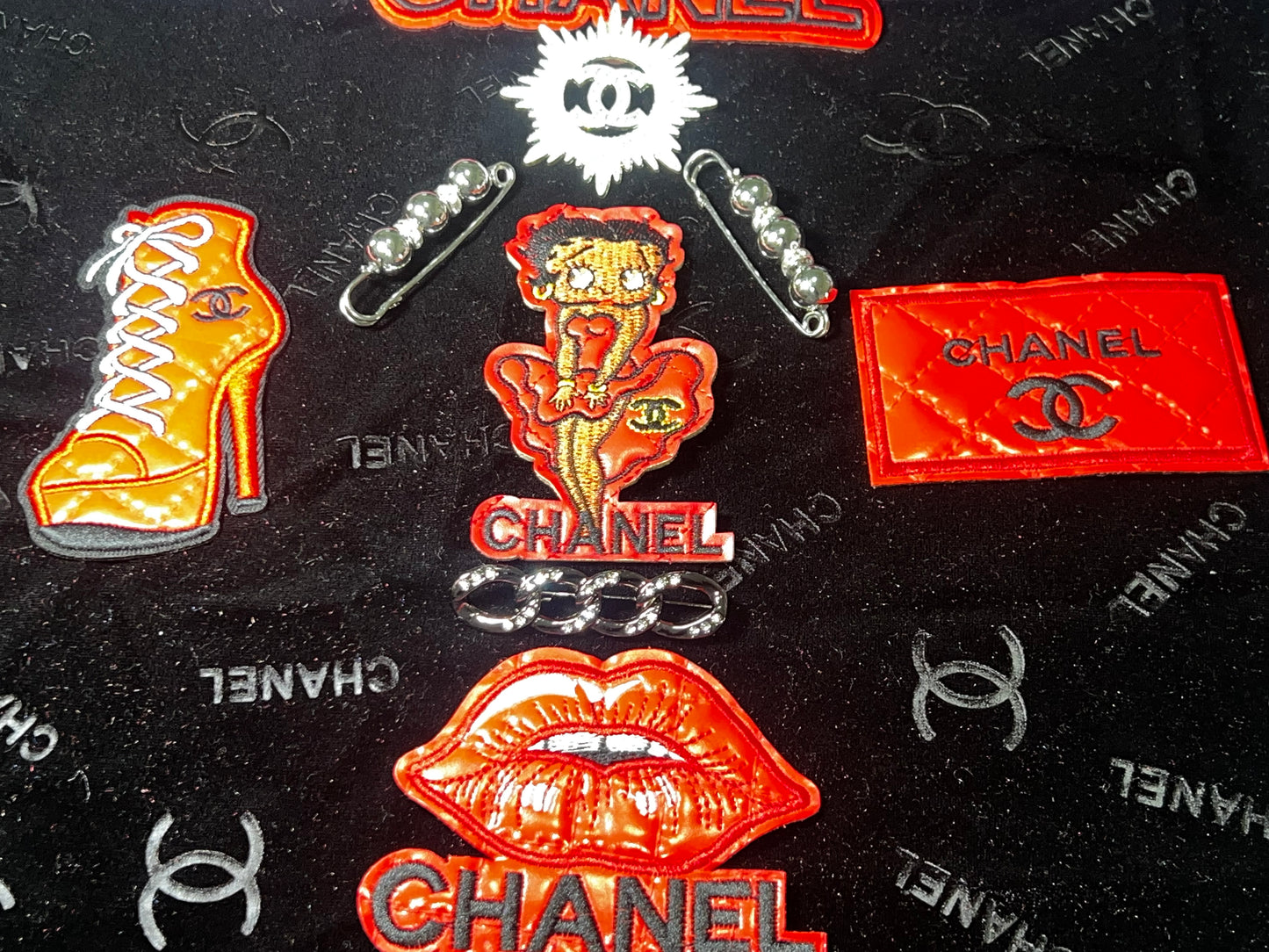 Bold Red Glam Patch Bundle – 9x12 Suede Like Fabric Sheet with Fashion Patches & Safety Pins