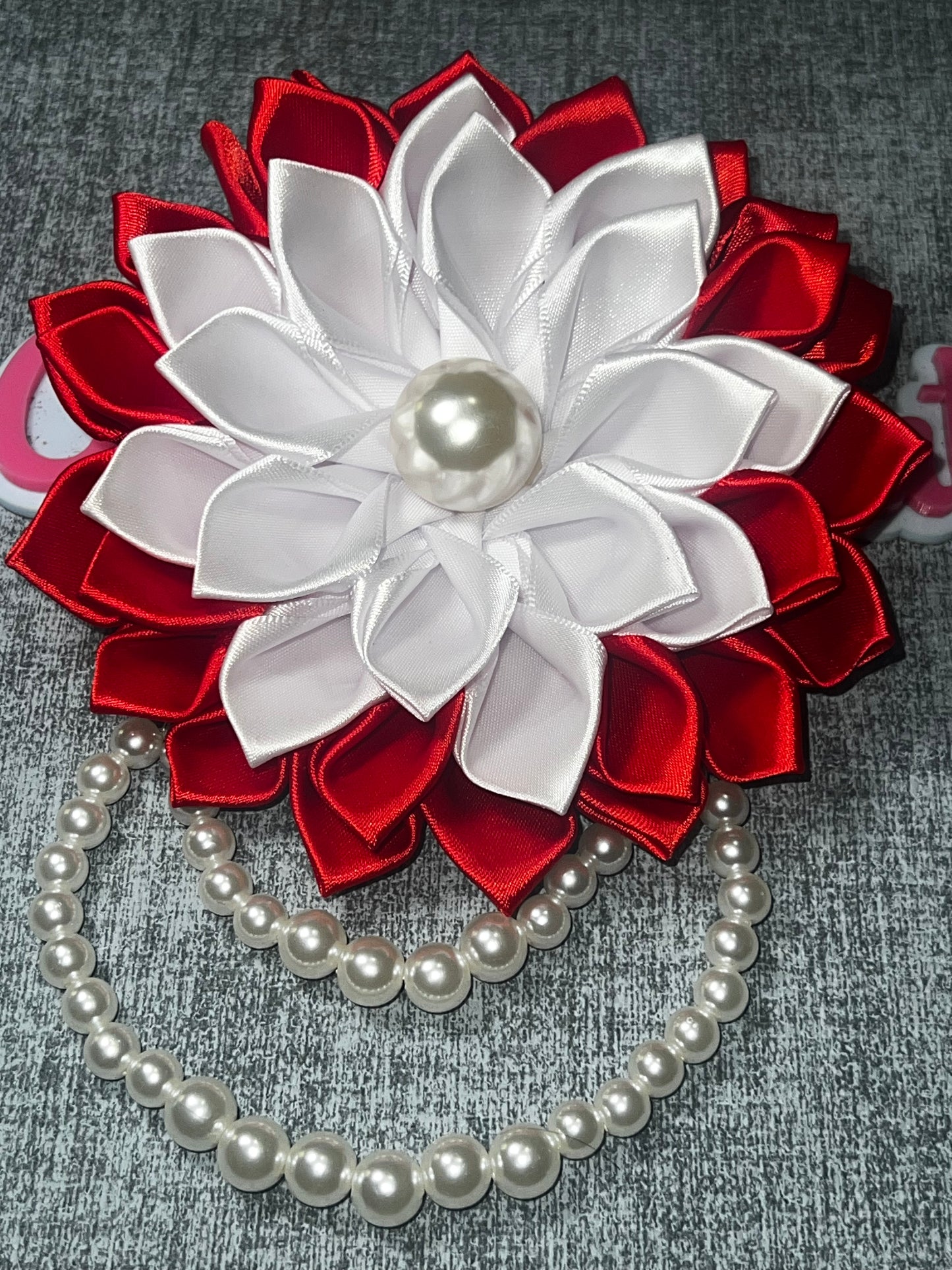 Red & White Satin Ribbon Flower Brooch Pin | Pearl Accent Floral Brooch Delta Colors