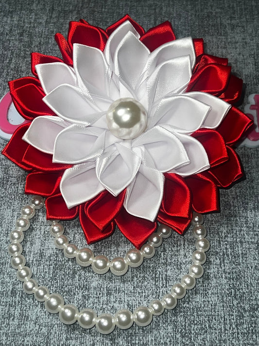 Red & White Satin Ribbon Flower Brooch Pin | Pearl Accent Floral Brooch Delta Colors