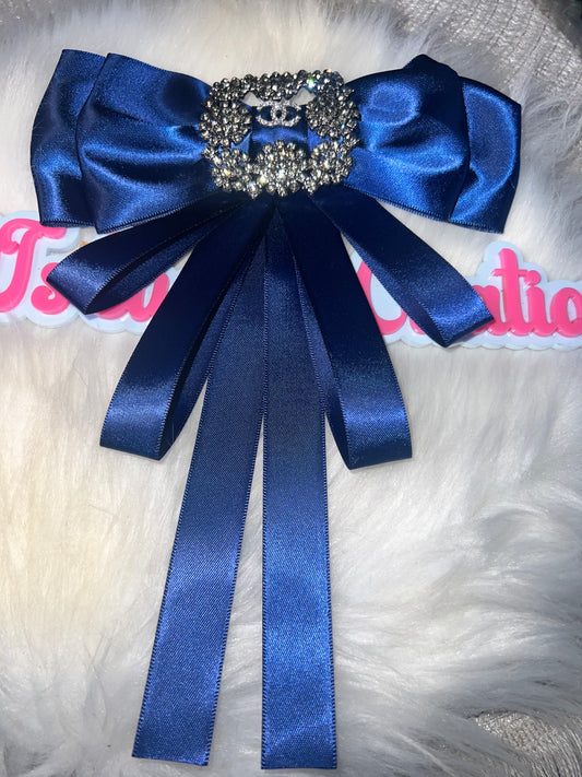 Navy Satin Rhinestone Accent Bow Brooch