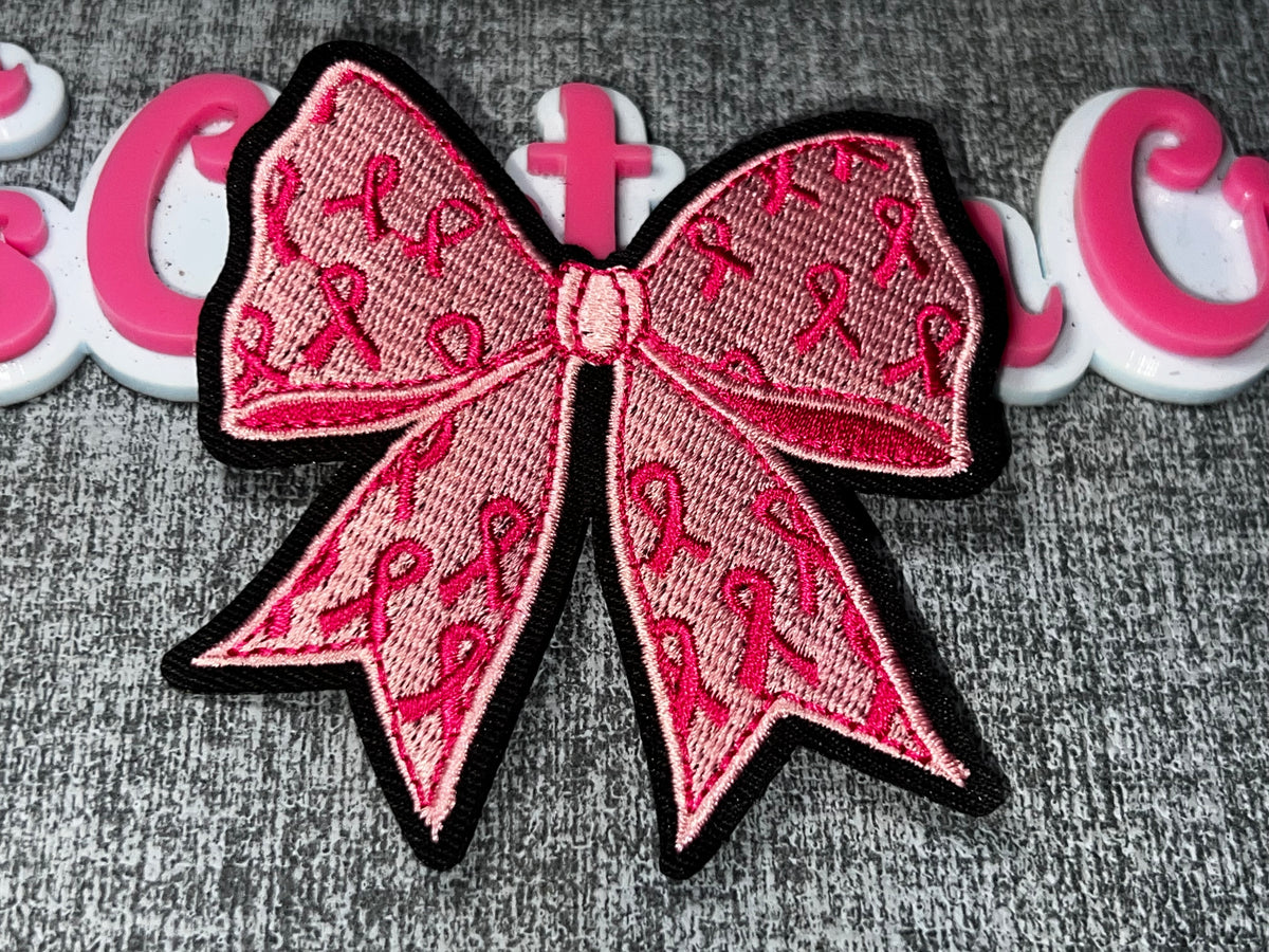 Pink Ribbon Bow Breast Cancer Awareness Patch – Embroidered Iron-On Applique