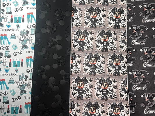 Black Fashion Character Faux Leather Sheet Bundle – 9x12 Printed and Embossed Craft Material – 4 Pack