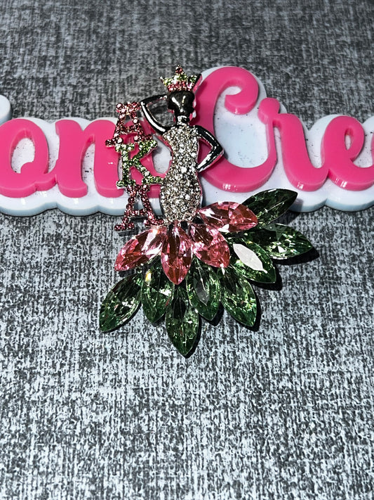 Pink & Green Rhinestone Lady Brooch Pin – Crown Fashion Woman Crystal Statement Jewelry AKA colors