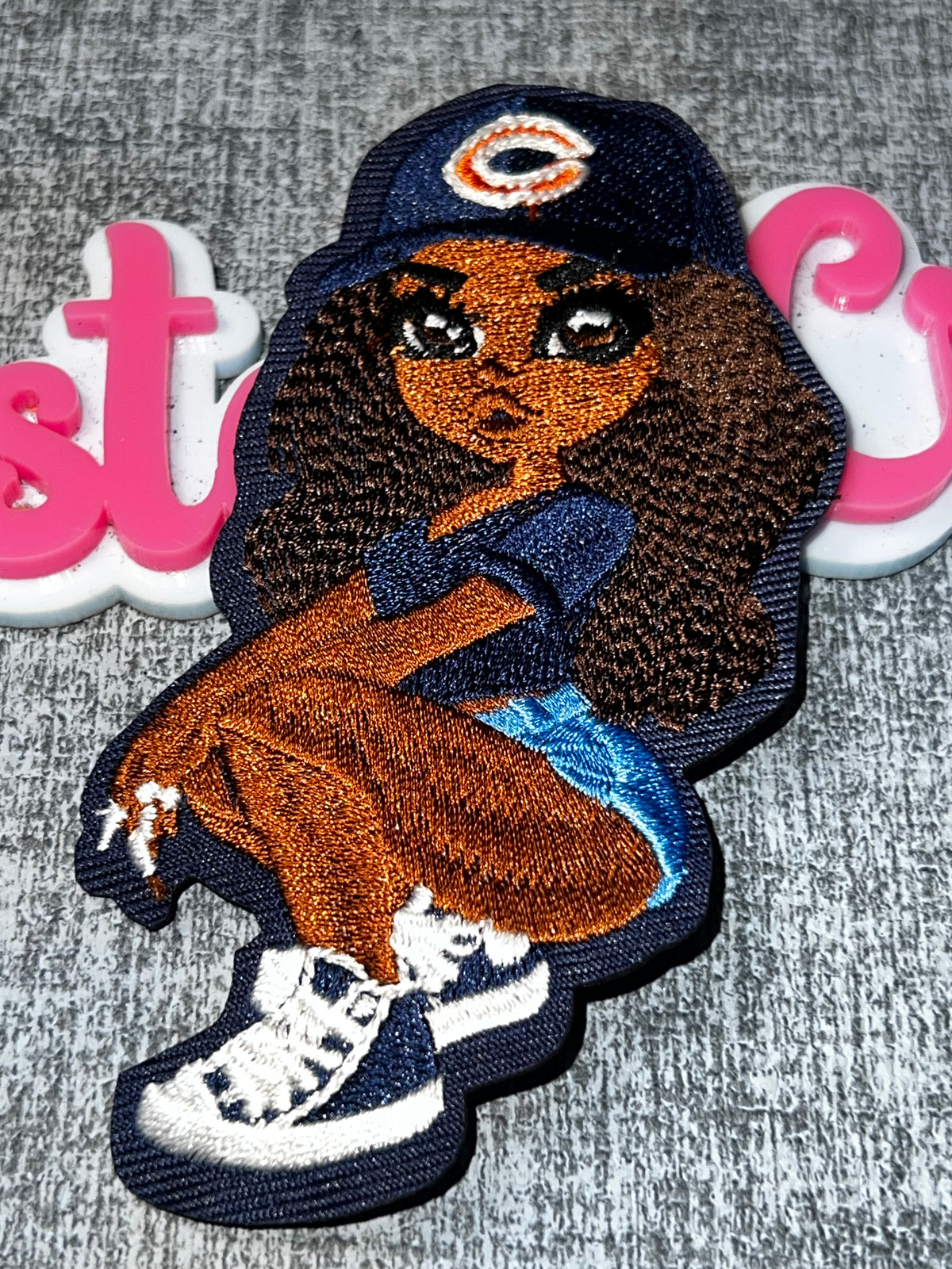 Brown Skin Curly Hair Girl Patch – Navy Orange Embroidered Iron On Applique