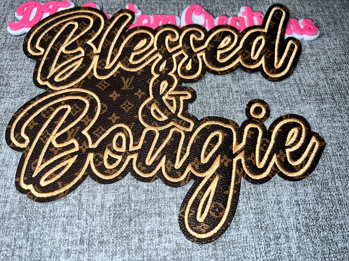 Brown Blessed & Bougie Iron-On Patch – Luxe Script Statement Patch for DIY Crafts