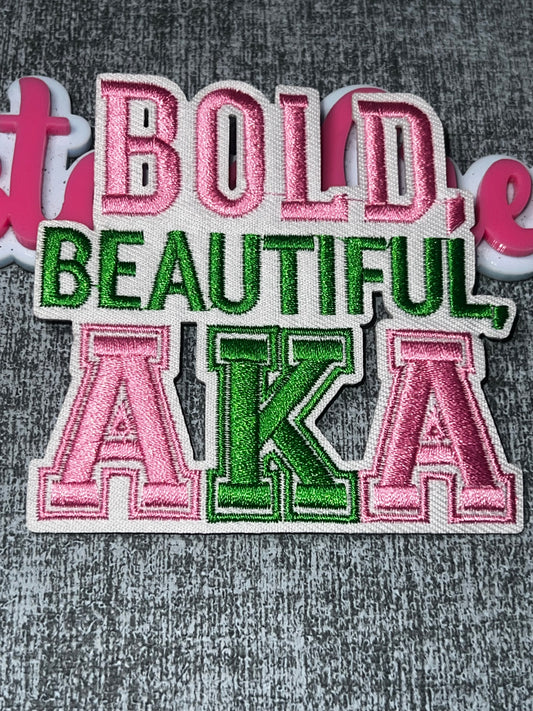 Bold Beautiful AKA Embroidered Iron-On Patch | Pink Green Greek Letter Appliqué