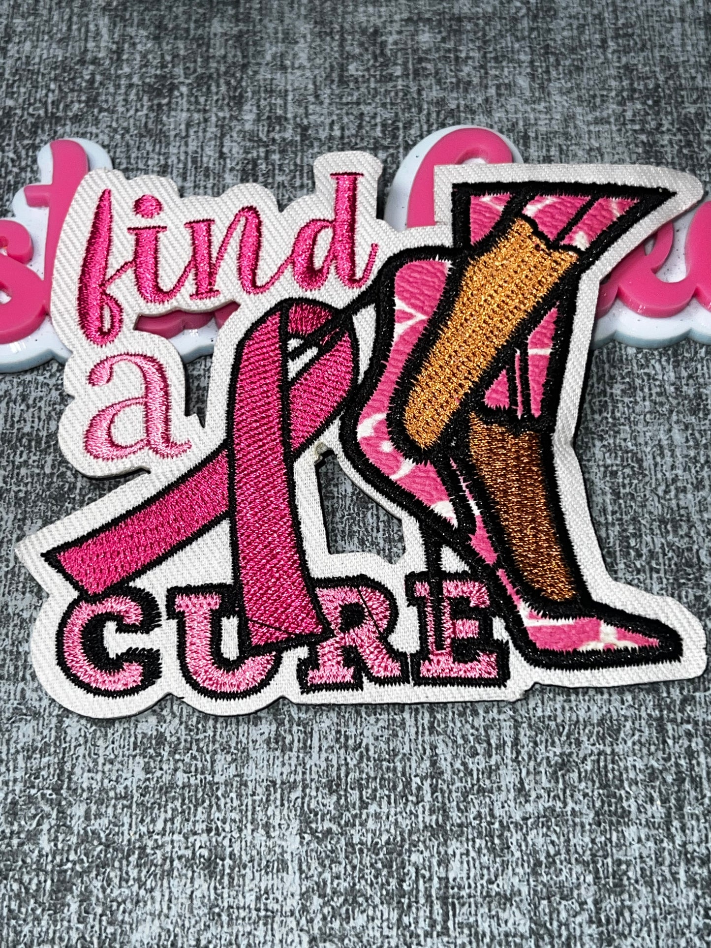 Find a Cure Pink Ribbon High Heel Patch – Breast Cancer Awareness Embroidered Iron On Applique