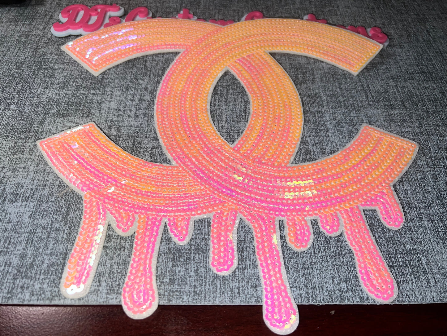 Luxury Inspired Pink & Orange Drip Sequin Patch – Oversized Statement Piece