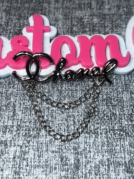 Silver Script Flat Back Charm with Chain – Decorative Metal Embellishment for DIY Crafts