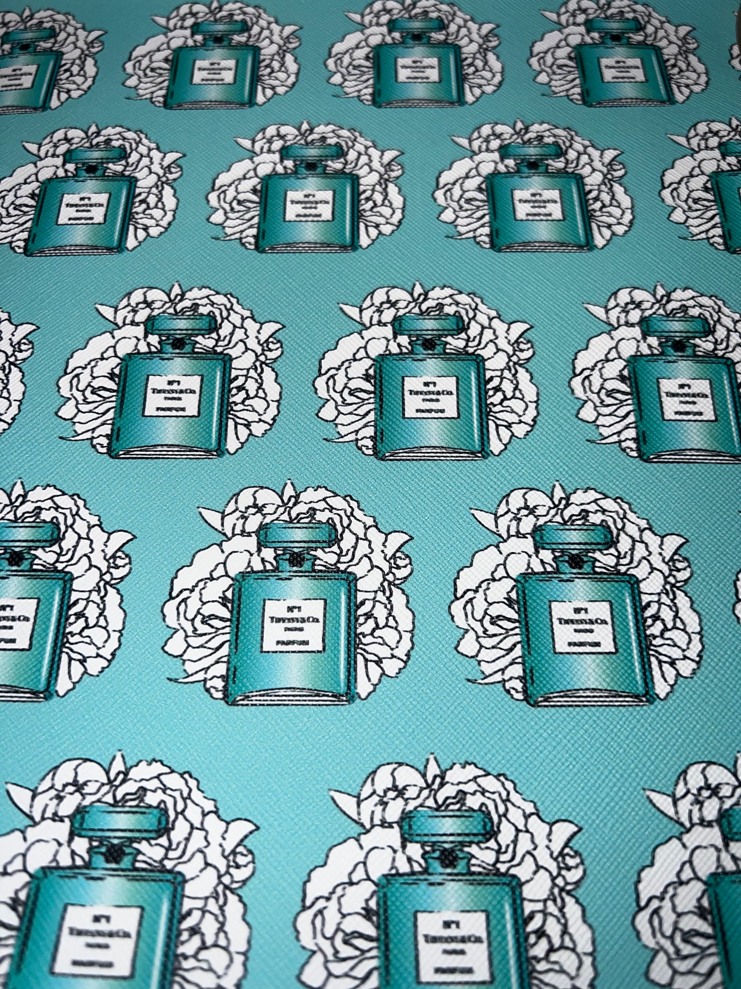 Blue Perfume Bottle & White Floral Print Faux Leather Sheet – Fashion Craft Material for Bows, Earrings & DIY Projects