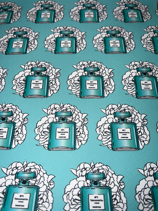 Blue Perfume Bottle & White Floral Print Faux Leather Sheet – Fashion Craft Material for Bows, Earrings & DIY Projects