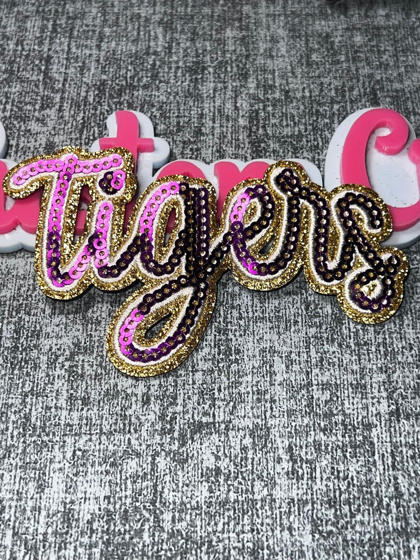 Glitter Script Embroidered Iron-On Patch – Purple Pink Gold Appliqué