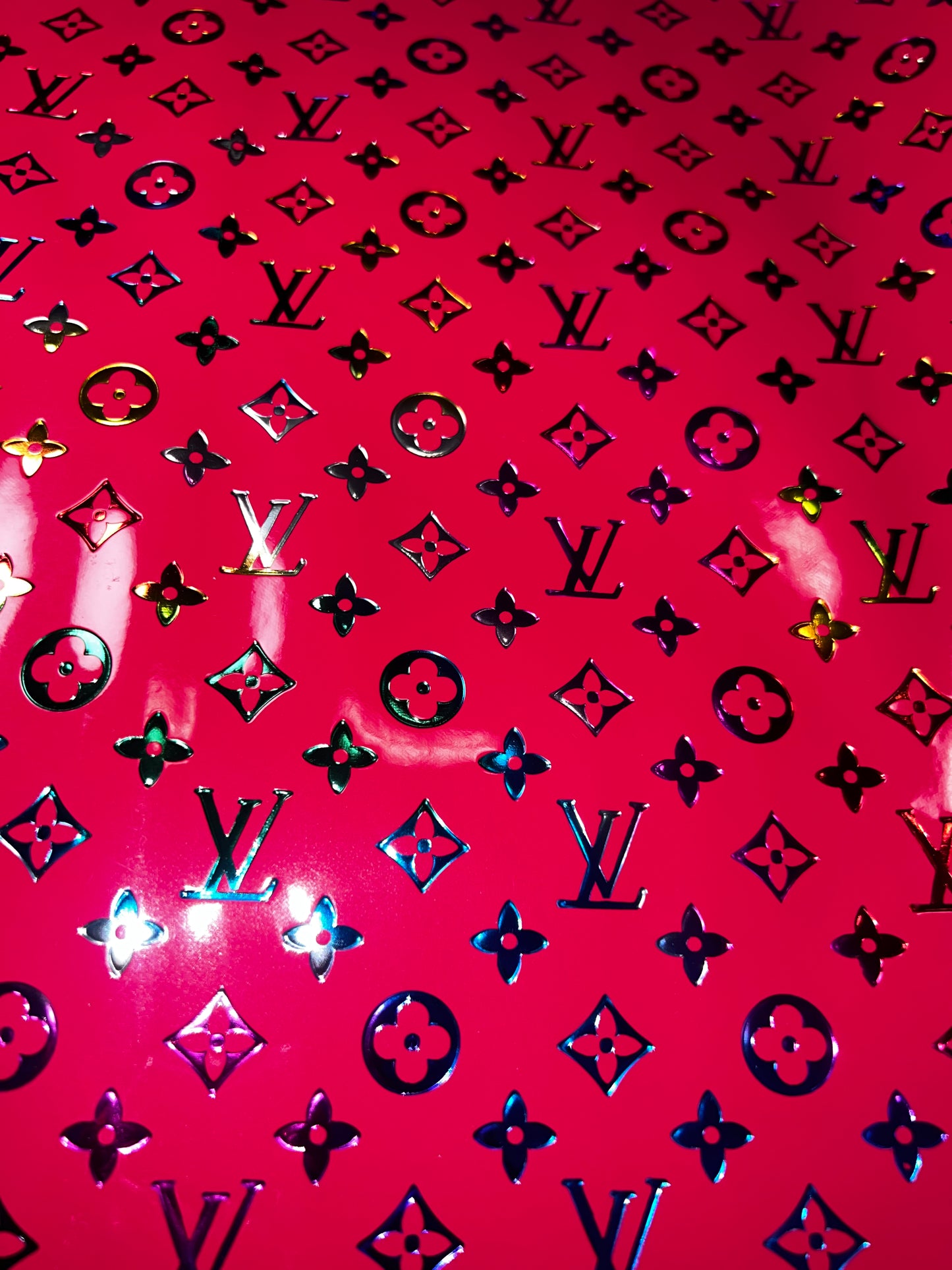 Hot Pink Iridescent Monogram Embossed Faux Leather Sheet 9x12 | Glossy Embossed Craft Faux Leather