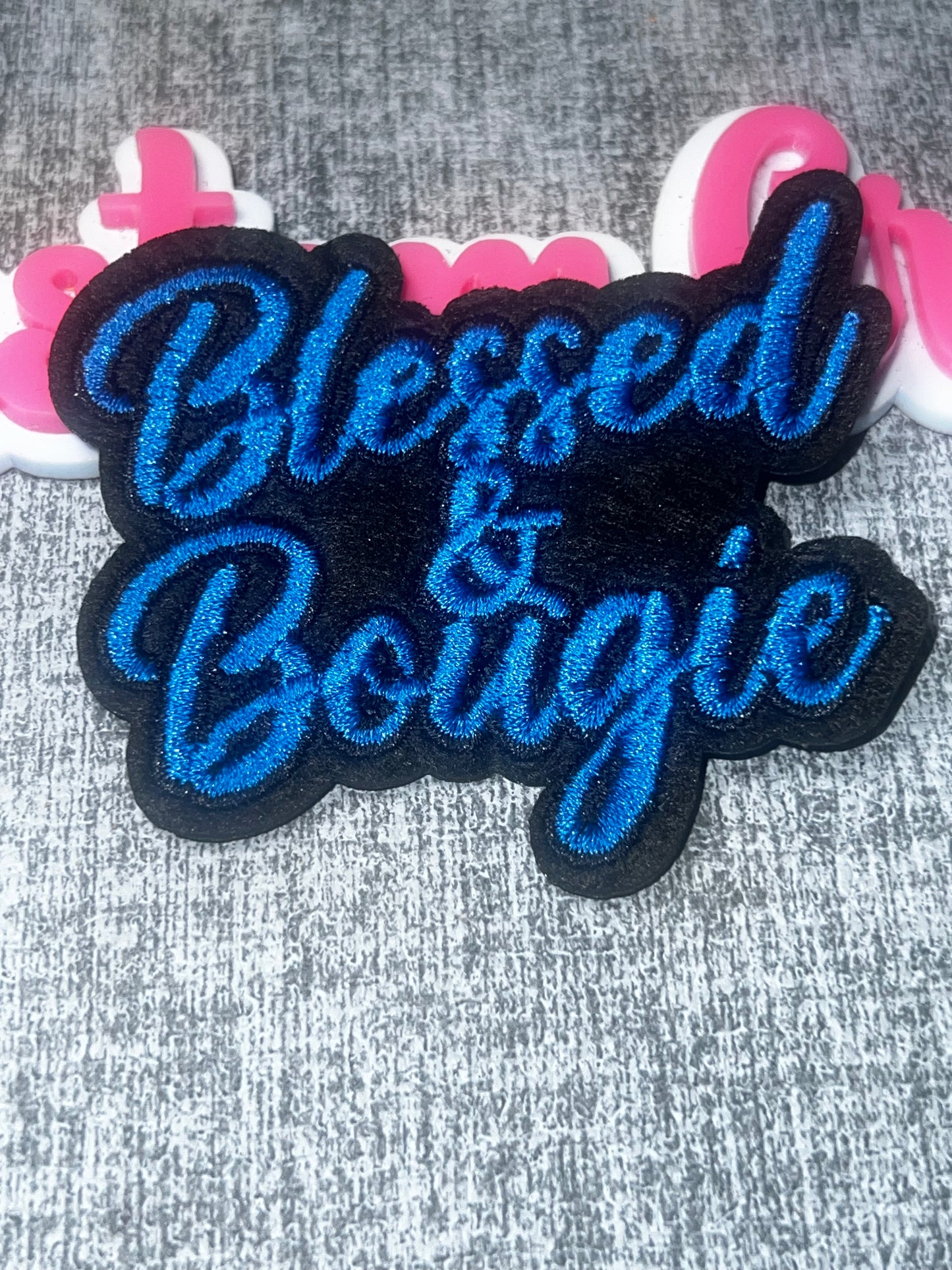 Blessed & Bougie Embroidered Iron-On Patch | Blue Script Fashion Appliqué