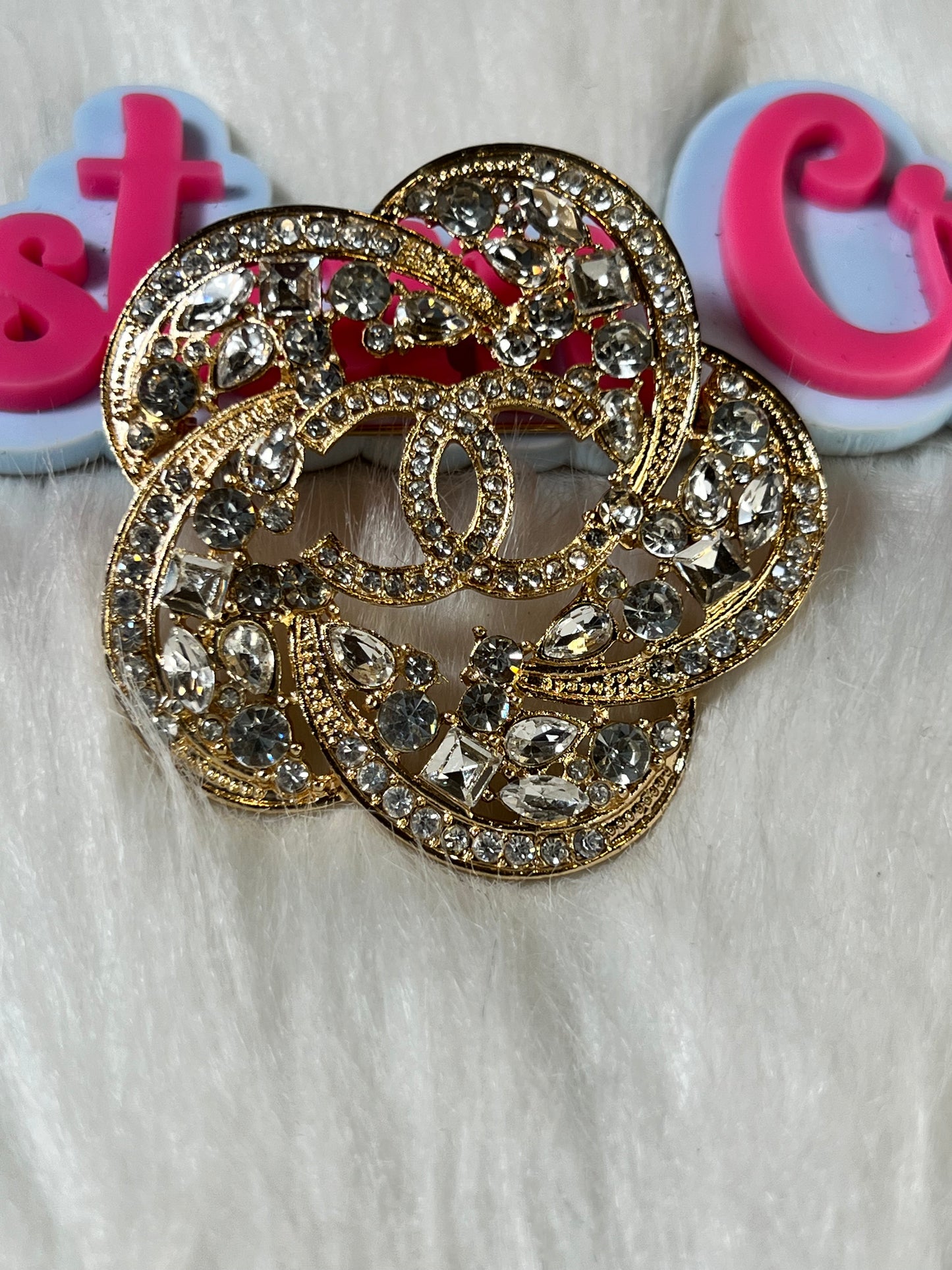 Gold Bling CC Flower Brooch