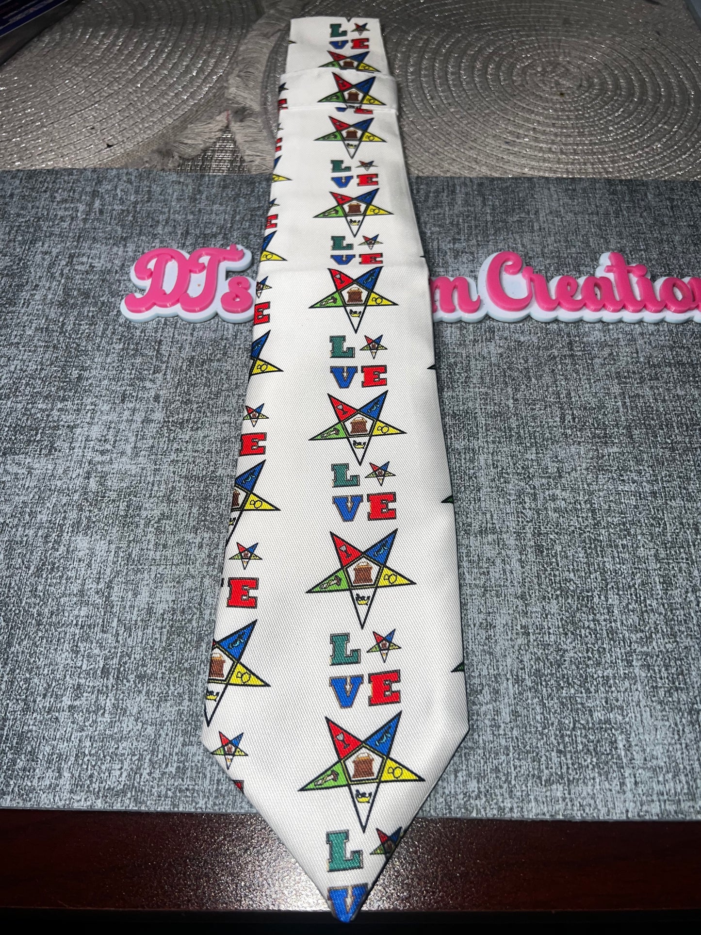 OES Eastern Star LOVE Printed Necktie – White Multicolor Masonic Fraternal Tie