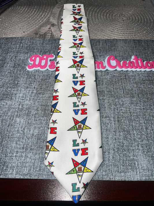 OES Eastern Star LOVE Printed Necktie – White Multicolor Masonic Fraternal Tie