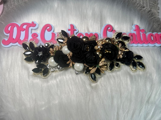 🖤 Black & Gold Glam Floral Rhinestone Appliqué