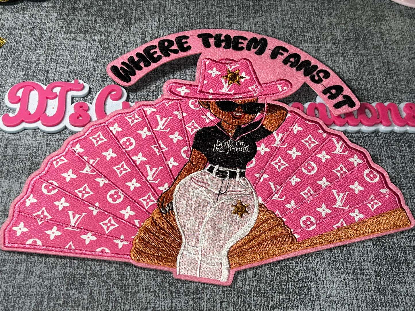 Where Them Fans At Pink Cowgirl Embroidered Patch – Western Fan Fashion Iron On Applique