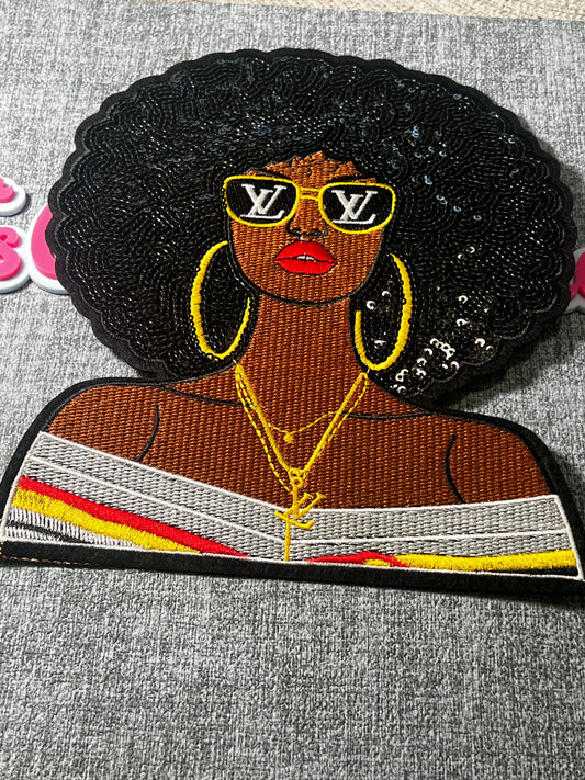 Afro Glam Woman Embroidered Patch – Sunglasses Fashion Iron On Applique
