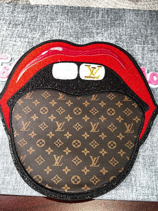 Red Lips Brown Monogram Tongue Patch – Oversized Fashion Applique