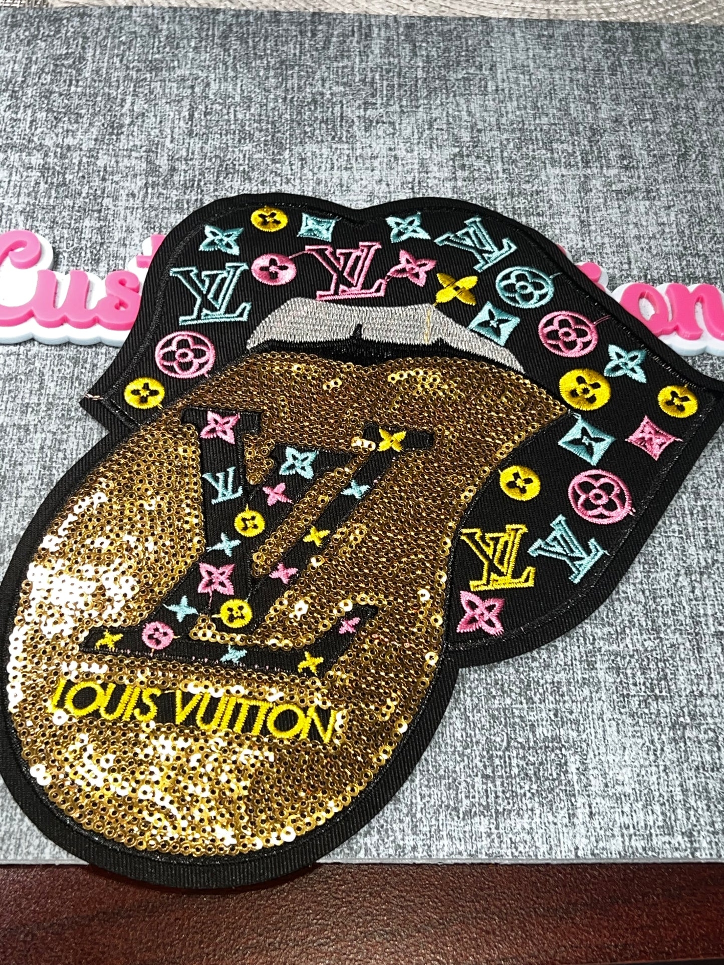 Gold Sequin Lips Fashion Patch – Oversized Embroidered Statement Applique