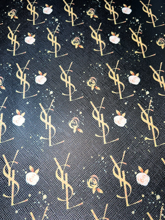 Black Gold Floral Monogram Print Faux Leather Sheet – 9x12