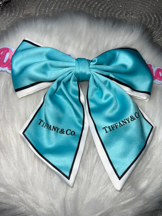 Aqua Satin Designer-Inspired Hair Bow (White Trim)