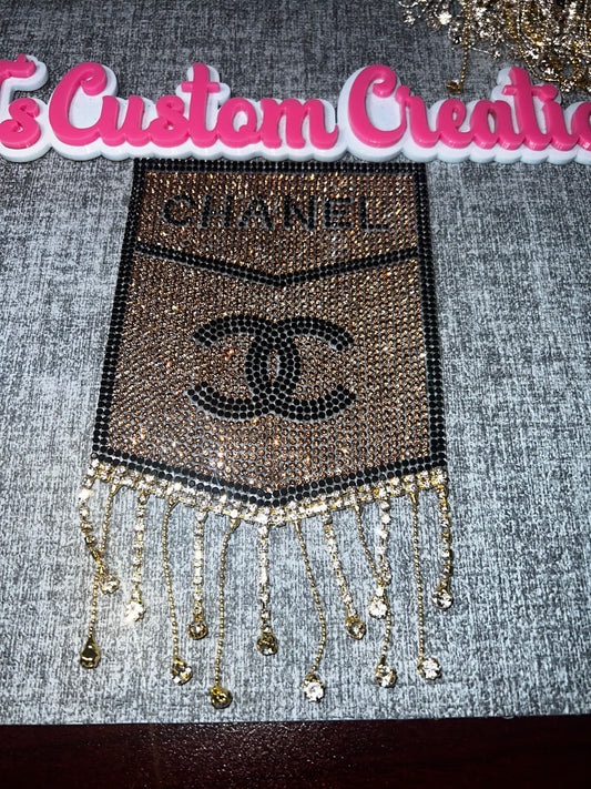 Rhinestone Drip Pocket Patch – Bling Fringe Fashion Applique | Gold, Black, Clear | Rhinestones / Fabric / Metal Chain
