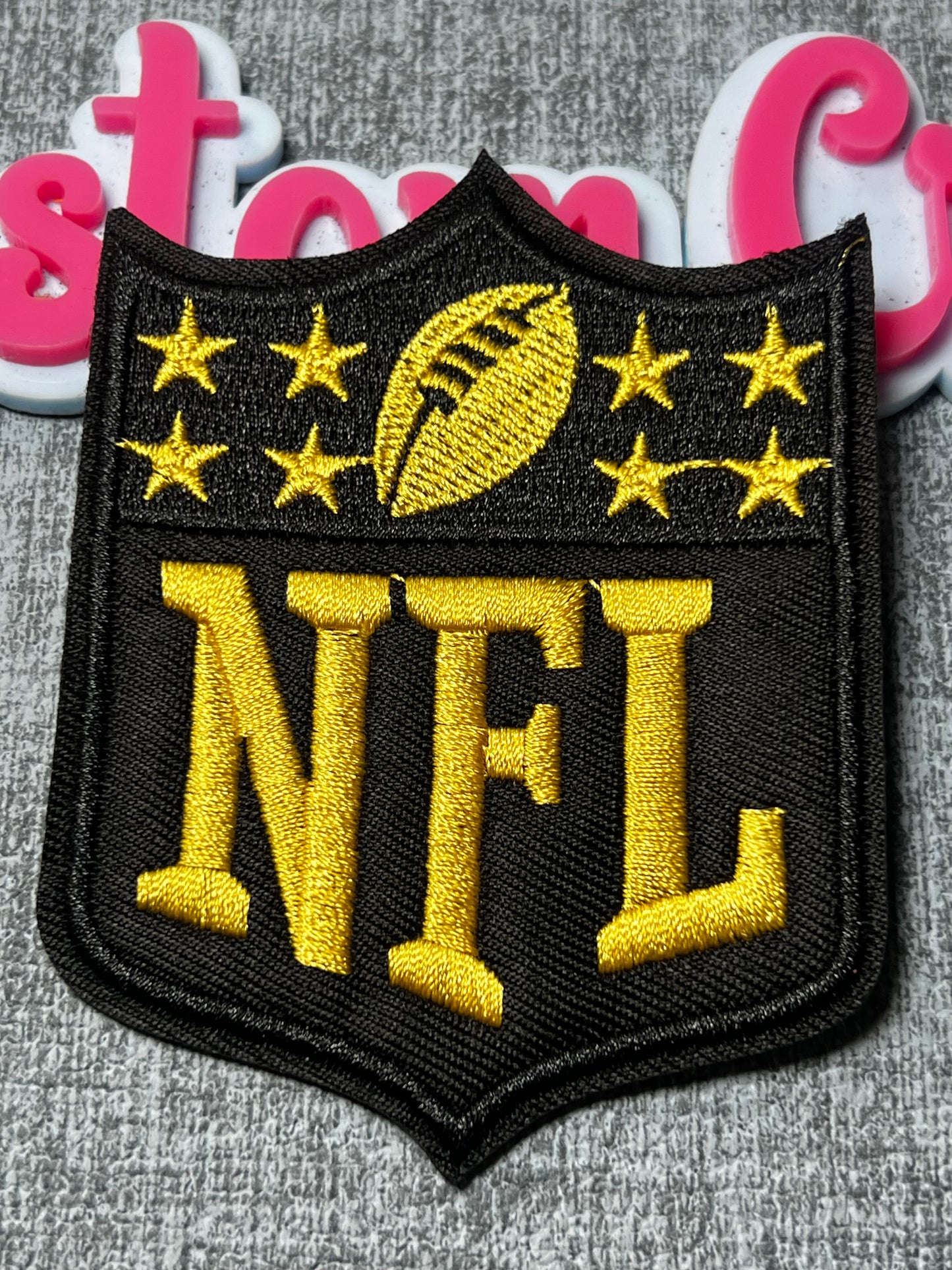 Black & Gold Shield Embroidered Iron-On Patch | Sports-Inspired Appliqué