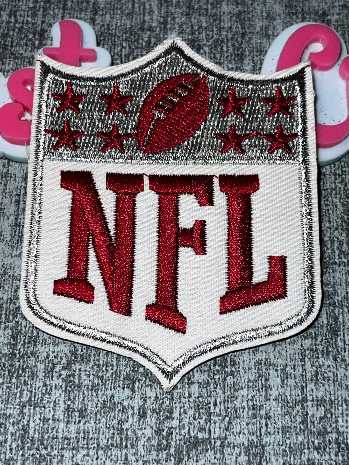 White & Red Shield Embroidered Iron-On Patch – Silver Accent Iron-On Appliqué